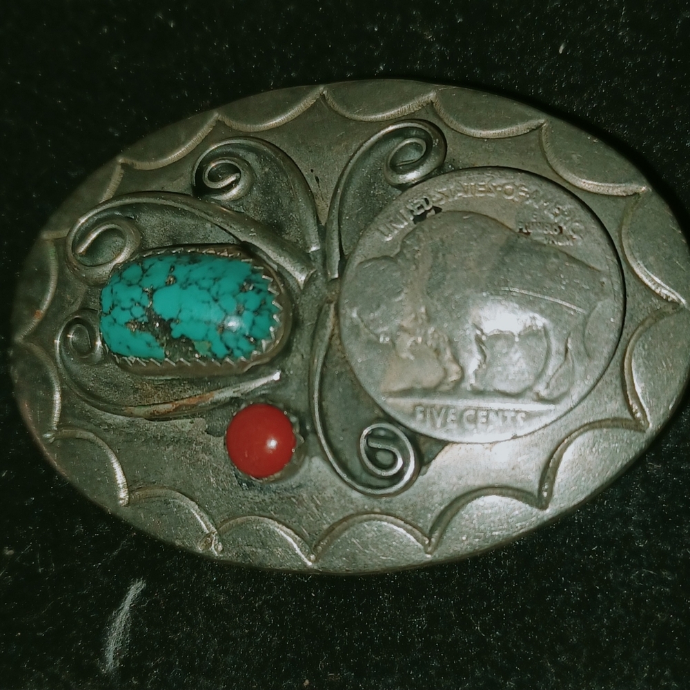 Navajo belt buckle Sterling SilverRoystonTurquoise,BuffaloNickle, Coral Stone